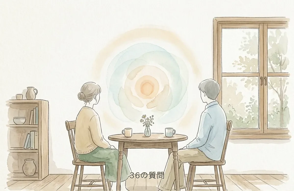 36の質問——段階的な自己開示で親密さが深まる様子 丸テーブルを挟んで向かい合う二人のシルエットのあいだに、少しずつ広がる淡い光のにじみを重ねて、対話が段階的に深まる様子を表した手描き水彩イラスト。
