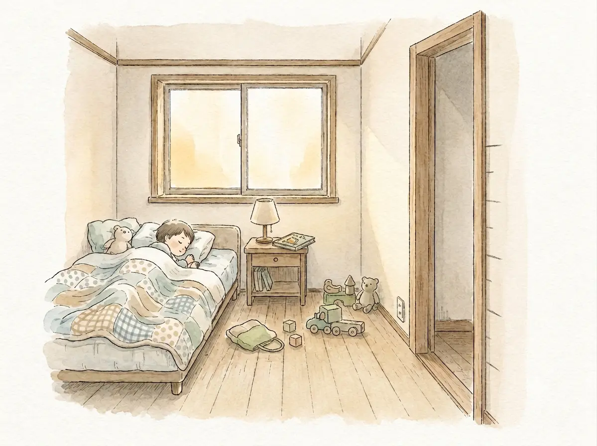 睡眠時間と身長は「関連」であって「原因」の証明ではない 朝の光の中で眠る子どもと、壁に残る背丈の目盛り跡をやわらかくつないだ水彩イラスト。睡眠時間と身長の「関連」を、因果関係と断定しない穏やかな情景として表している