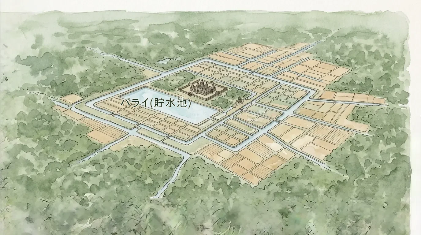 ジャングルに広がるアンコールの水利都市を上空から見た様子。中央に寺院、周囲に巨大な貯水池と格子状の運河・田んぼが広がる水彩の俯瞰イラスト