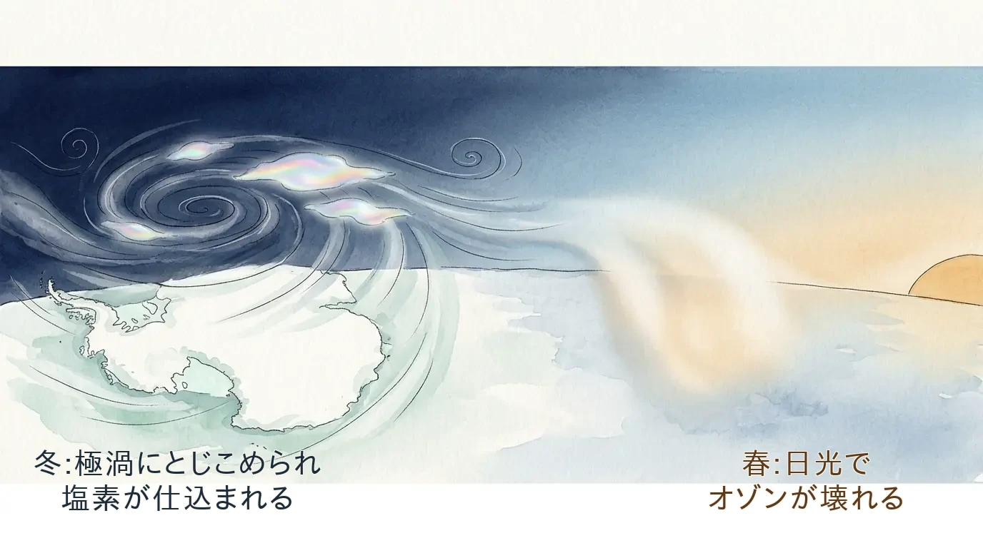 南極の冬の極渦と春の日光でオゾンホールが深まるしくみ 南極の冬の極渦と極成層圏雲から、春の日差しでオゾンが壊れるまでを、夜から朝へ移り変わる一枚の水彩の空として描いた図解。
