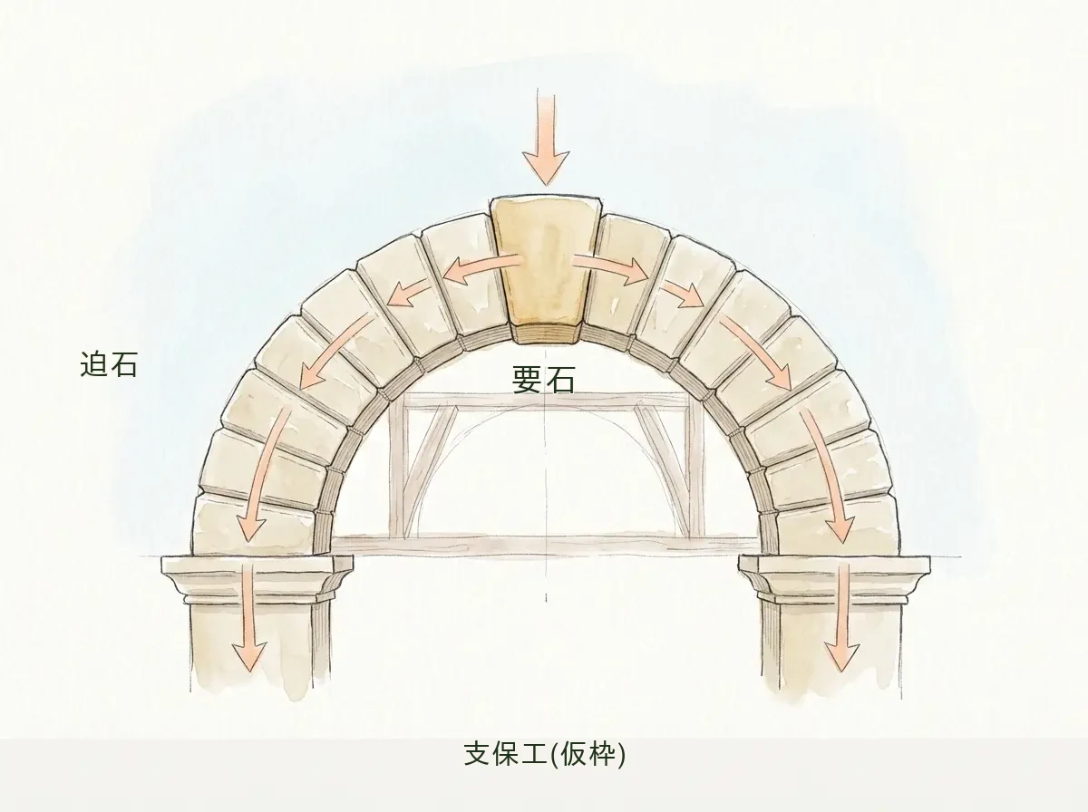 半円アーチの断面図。くさび形の迫石が並び頂上の要石で締まり、上からの重さが石を伝って両側の柱へ流れる様子を示す水彩の構造イラスト