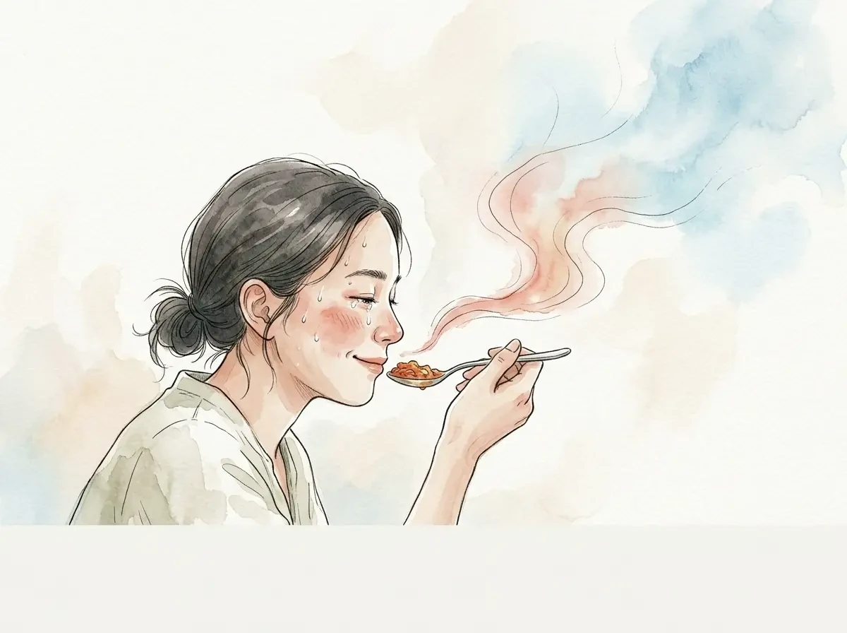 危険の警報が快さに変わる——良性マゾヒズムの感覚 辛い料理を味わいながら汗と涙をにじませつつも満足げに笑う横顔の水彩イラスト。口もとから立ちのぼる警報のような波紋が次第に穏やかな色へ溶けていき、危険の警報が快さに変わる良性マゾヒズムの感覚を象徴する。