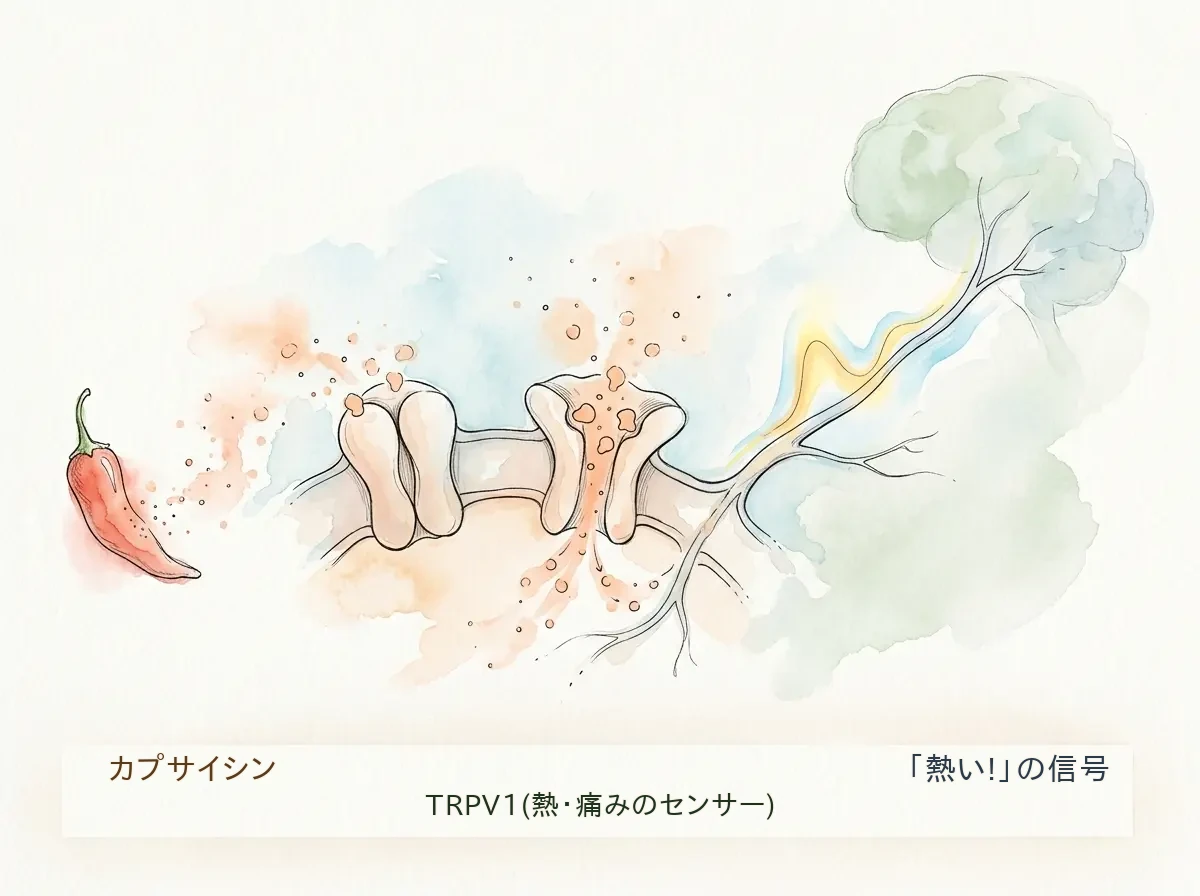 カプサイシンがTRPV1をこじ開け脳へ信号を送る仕組み 唐辛子のカプサイシンが神経末端の受容体TRPV1という扉を化学的にこじ開け、その信号が神経を伝って脳へと向かう様子を左から右へ描いた水彩の模式図。実際に熱くなくても脳が「熱い」と受け取る仕組みを表す。