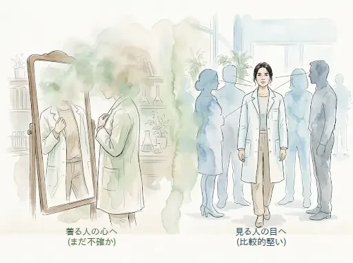 服の効果の二分 服の効果を対比する図。左側は鏡を見る人物がかすんだ線で描かれ「自分の心への効果はまだ不確か」を示し、右側は周囲の人々の視線を受ける同じ人物がはっきりした線で描かれ「他人の評価への効果は比較的堅い」ことを表す、手描き水彩のイラスト。
