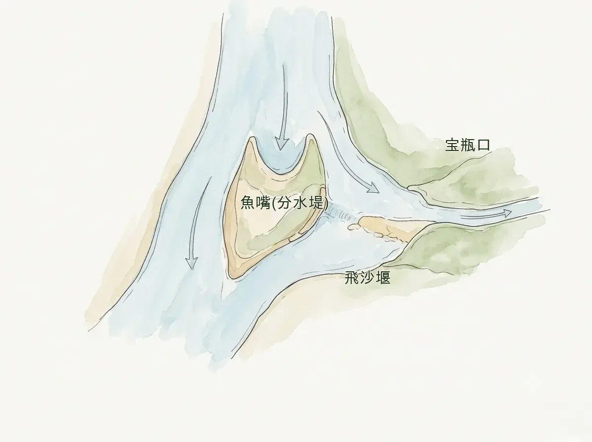 都江堰を上から見た模式図。川の中央の分水堤(魚嘴)で水が二方向に分かれ、下流の低い堰(飛沙堰)と狭い取水口(宝瓶口)へ流れる様子を示す水彩の図解イラスト
