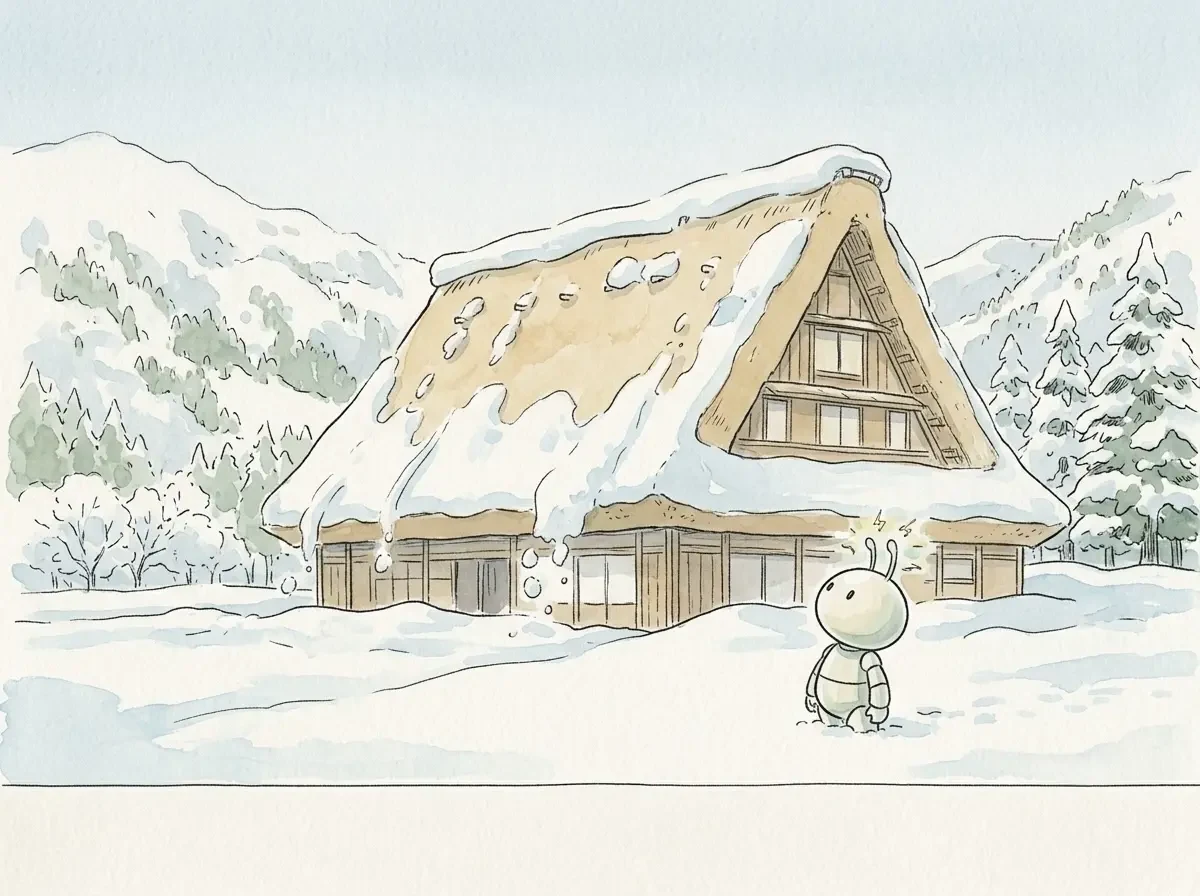 雪深い山あいに建つ合掌造りの家。急勾配の茅葺き屋根から雪が滑り落ちる様子を、さいろじくんが見上げている水彩イラスト