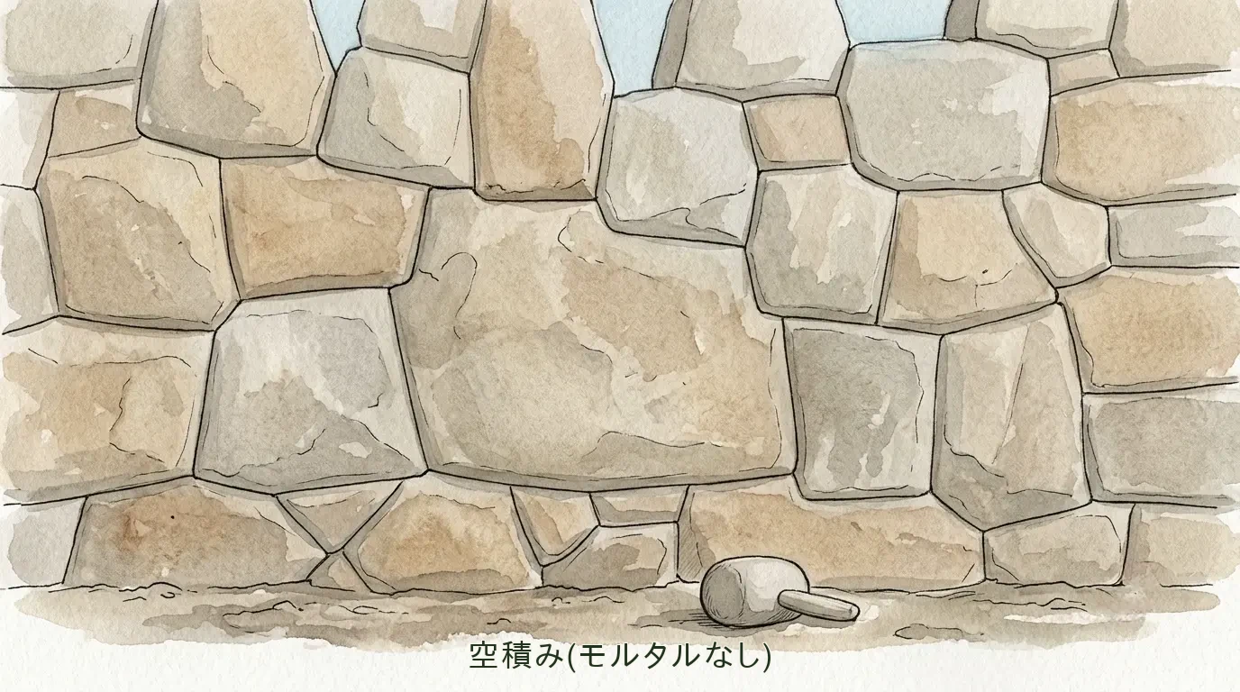 大きさの違う多角形の石が隙間なく組み合わさったインカの石壁を近くで見た様子。手前に小さな石ハンマーが添えられた水彩イラスト