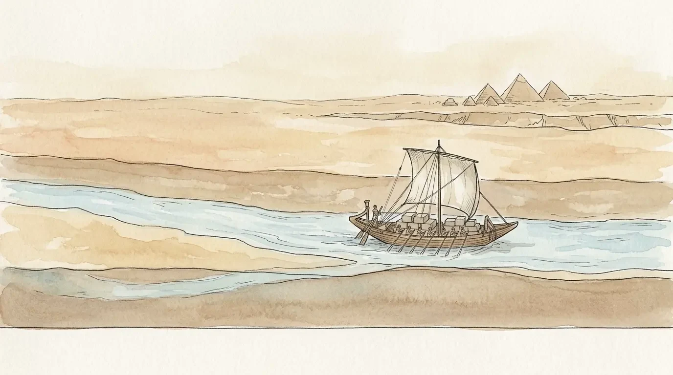 砂漠の下にうっすらと透けて見える古代の水路の上を、石を積んだ古代エジプトの船が進み、岸にピラミッドが並ぶ水彩イラスト