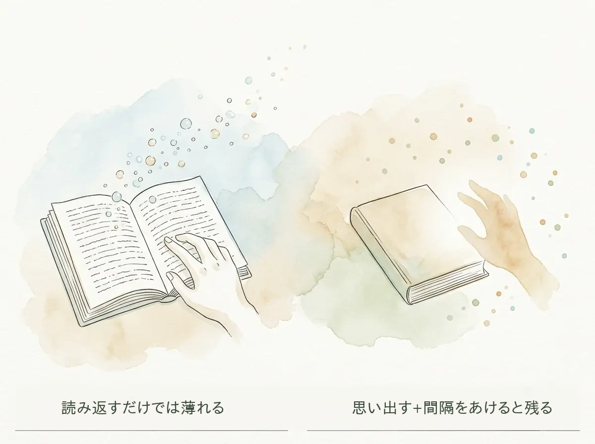 読み返しより、思い出す練習と間隔をあけた復習が定着に効く対比 左に本を繰り返し読んでも光の粒がすぐ消える様子、右に何も見ずに思い出す手と間隔をあけて灯る光を描き、読み返しより思い出す練習と分散復習が記憶の定着に効くことを対比した水彩イラスト。