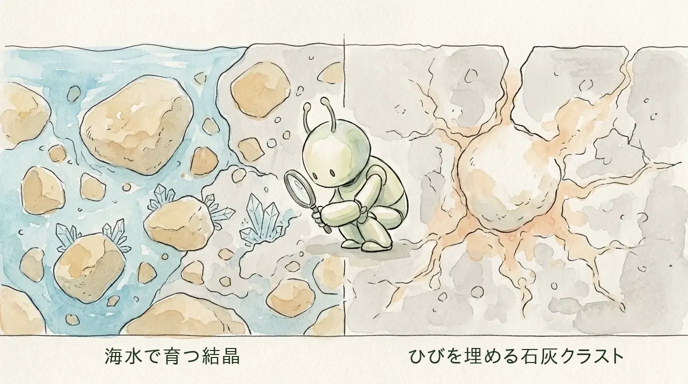 コンクリート断面の左側で海水から小さな鉱物の結晶が育ち、右側でひび割れに白い塊からカルシウムが染み出して埋まっていく様子を、さいろじくんが虫めがねでのぞく水彩の図解イラスト