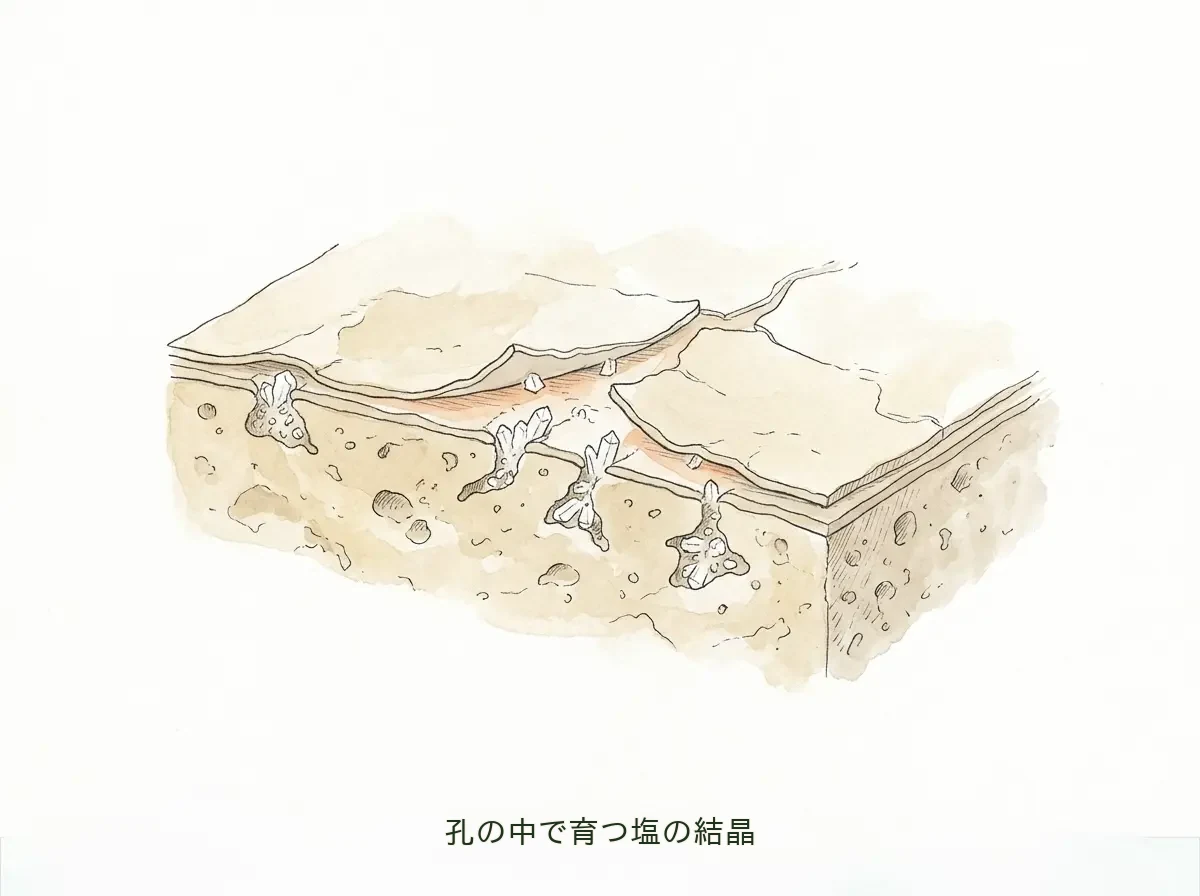 石材の断面拡大図。細かな孔の中で塩の結晶が育ち、表面を内側から押し広げて薄く剥がれていく様子を示す水彩の断面イラスト