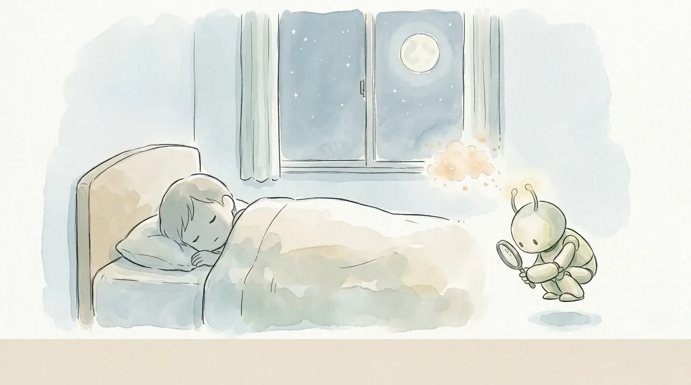「寝る子は育つ」を科学でほどく——眠りと成長ホルモン 夜、静かな部屋で眠る子どもをそばで見守る、さいろじくんと成長ホルモンの光を表した淡い水彩イラスト