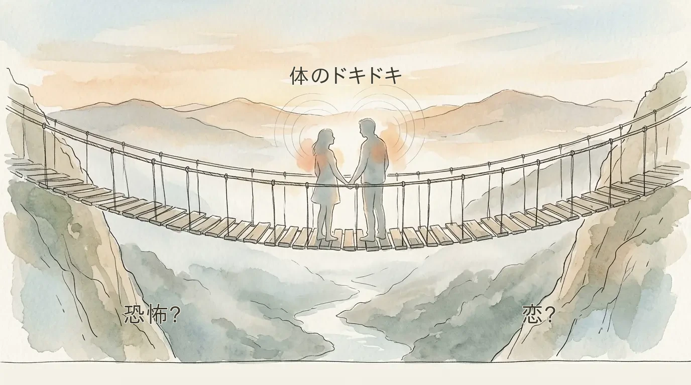 情動二要因説の模式図——同じ体のドキドキが状況で恐怖にも恋にも分岐する 胸のドキドキを表す水彩のにじみから、吊り橋を思わせる不安な情景と寄り添う二人を思わせる親密な情景へ、手描きの導線が二股に分かれる模式図。隅にさいろじくんが控えめに描き添えられている。